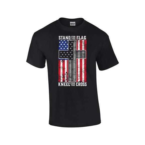 Stand For The Flag Kneel For The Cross Red White And Blue Tattered Flag White Dark Cross Short Sleeve Men's Graphic T-Shirt-Black-4xl