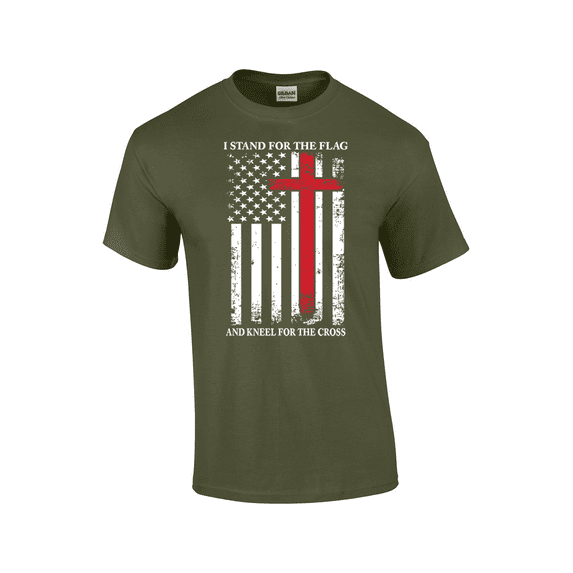 Stand For The Flag Kneel For The Cross White Tattered Flag Red Cross God Jesus Christ American Flag Short Sleeve Men's Graphic T-Shirt-Military-large