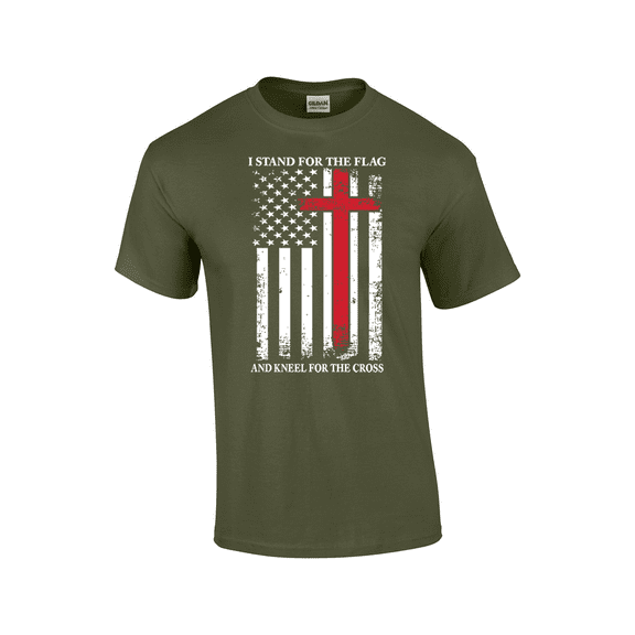 Stand For The Flag Kneel For The Cross White Tattered Flag Red Cross God Jesus Christ American Flag Short Sleeve Men's Graphic T-Shirt-Military-xxxl