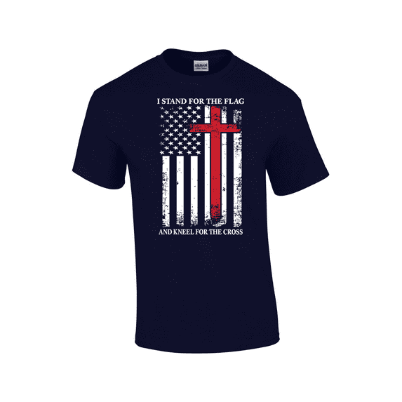 Stand For The Flag Kneel For The Cross White Tattered Flag Red Cross God Jesus Christ American Flag Short Sleeve Men's Graphic T-Shirt-Navy-large