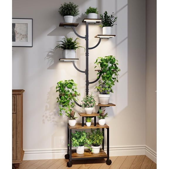 Stand Indoor with - 9-Tier Stand with Wheels, Tall and Indoor Shelf with Tree Design, Rolling Flower Pot Holder Rack with Finish, Adjustable Display Stand for Garden, Patio, 62" Tall