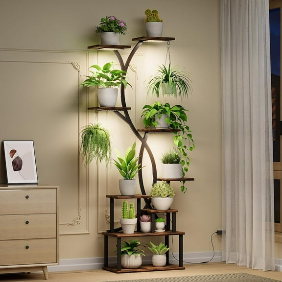 Stand Indoor with Grow Lights 9 Tiered Indoor Shelf 62" Tall Stand Metal Frame for Indoor Multiple Flower Pot Holder, Large Rack for Living Room Patio Corner