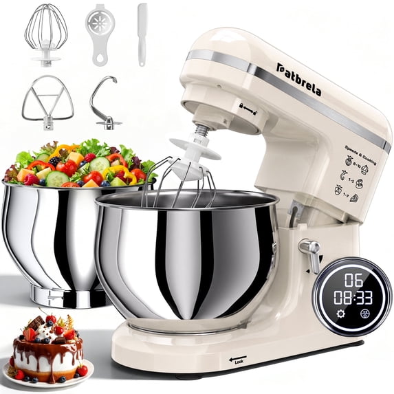 Electric Stand Mixer, 5.3QT & 3.5QT Dual Bowls, 10-Speed Cake Mixer, Patbrela LED Display Knob, Dough Hook, Beater, Whisk for Home Kitchen Cooking