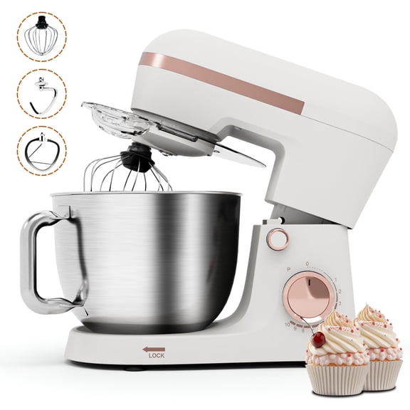 Stand Mixer 6.5QT, Electric 10+P Speed Tilt-Head Kitchen Countertop Mixer with Dough Hook & Beater & Whisk, Powerful Food Mixer for Baking & Cooking, White