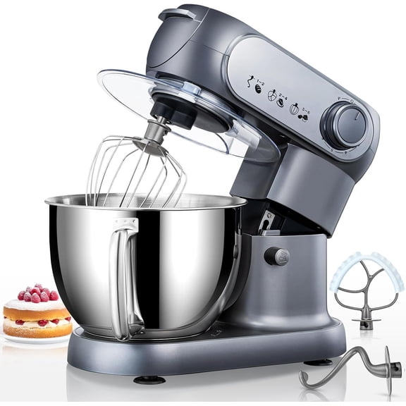 Stand Mixer, 6 QT 600W Tilt- Dough Mixer, 6+P speed Mixers Kitchen Electric Stand Mixer with Stainless Steel Bowl, Dishwasher-Safe Dough Hook, Flat Beater, Wire Whisk, Splash Guard, Grey