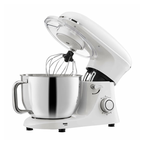 Stand Mixer 6 QT, 660W 6+ Speed Tilt-Head Food Mixer, Stainless Steel Bowl, Dough Hook, Whip, Beater, Scraper - White Baking Mixer