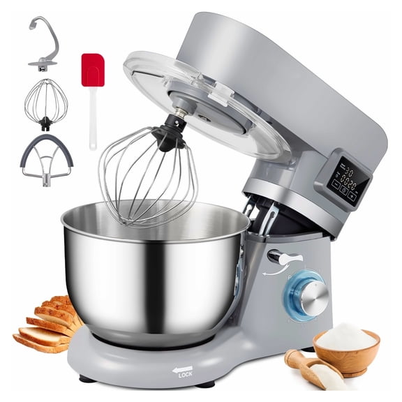 Stand Mixer 660W 6-Speed LCD Tilt-Head Food Mixer, 5.8 Qt Stainless Steel Bowl, Dough Hook, Beater, Whisk, Scraper, Gray