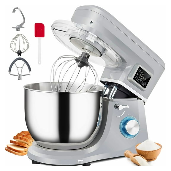 Stand Mixer 660W Electric Kitchen Mixer 7.4Qt Gray Tilt-Head Food Dough Mixer with 6 Speeds LCD Screen & Attachments - Dough Hook, Beater, Whisk