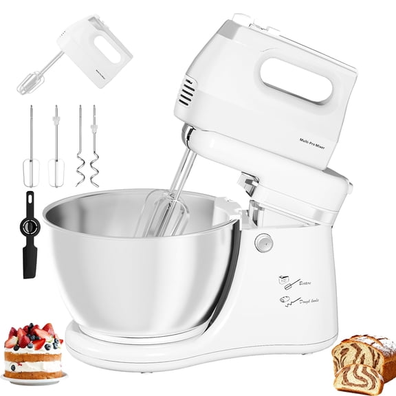 Vikaluz Stand Mixer with Auto Rotating Bowl 4.8QT Tilt-Head Electric 5-Speed with Beaters & Dough Hooks White