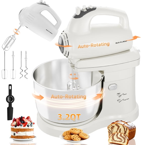 Stand Mixer Automatic Electric Kitchen Mixer - 4.8 QT Smart Standing & Hand Mixer with Auto-Rotating Bowl & Beater, 5-Speed Tilt-Head Household Mixer with Beaters& Dough Hooks for Baking,Black/White