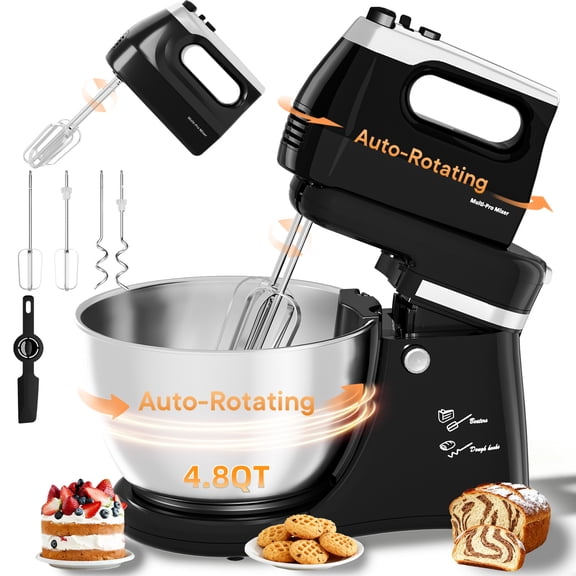 4.8QT Automatic Electric Stand Mixer with Hand Mixer Function - 5-Speed Tilt-Head Design & Auto-Rotating Bowl, Includes Beaters & Dough Hooks for Household Baking
