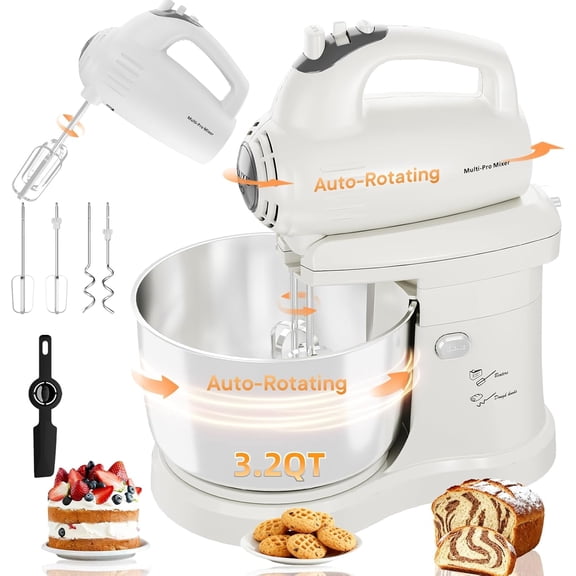Stand Mixer Hand Mixer Kitchen Electric - 2-IN-1 3.2 QT Auto-Rotating Bowl & Beater Tilt-Head Small Standing Mixer, 250 Watt 5-Speed with Turbo Boost Household Mixer with Beaters & Dough Hooks