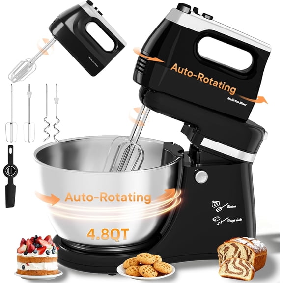Stand Mixer Hand Mixer Kitchen Electric - 2-IN-1 4.8 QT Auto-Rotating Bowl & Beater Tilt-Head Standing Mixer, 250 Watt 5-Speed with Turbo Boost Household Mixer with Beaters & Dough Hooks for Baking