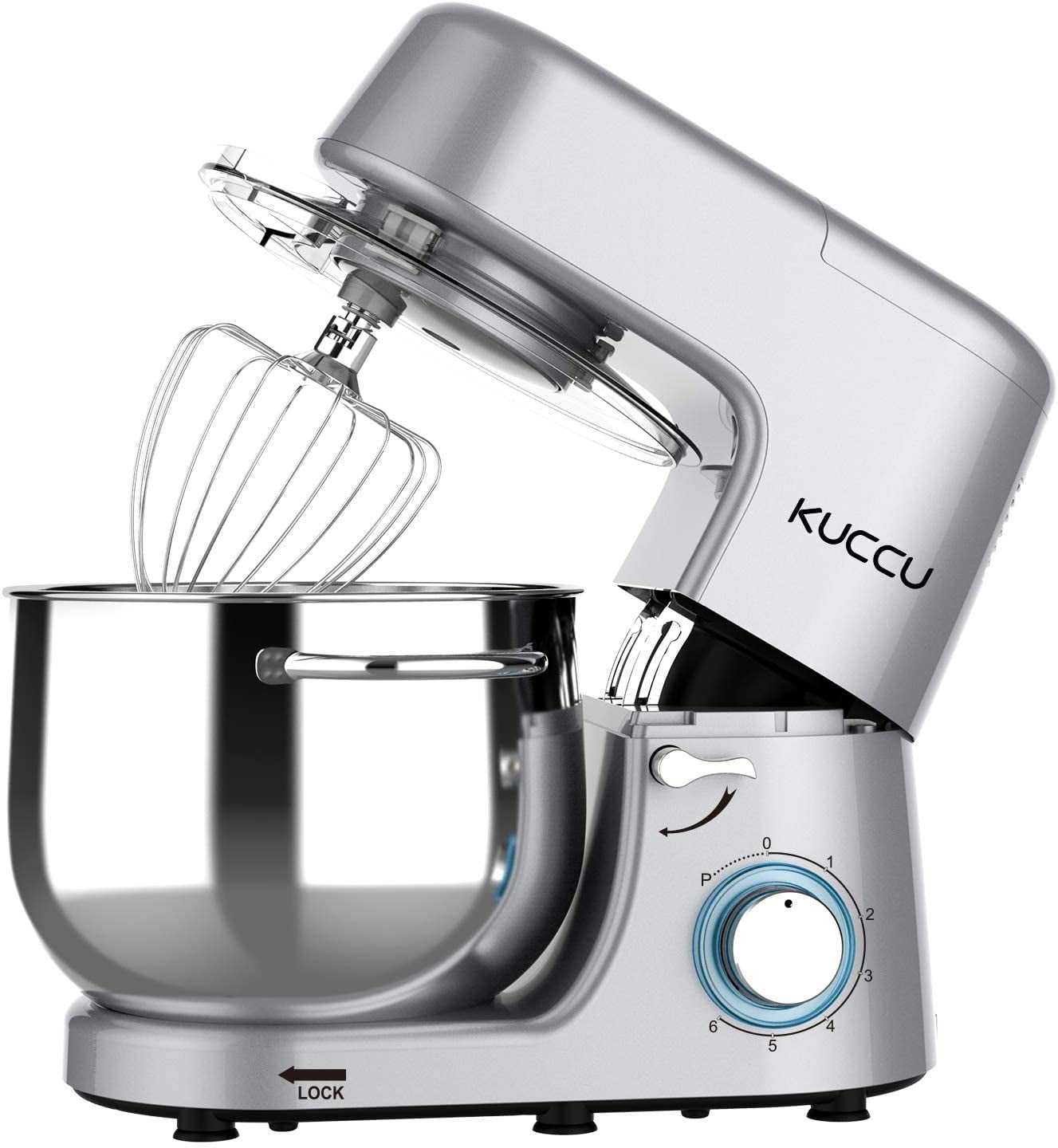  8.5 QT Double Handle KUCCU Stand Mixer, 6 Speed with Pulse  Electric Kitchen Mixer, 660W Tilt-Head Food Mixer with Dishwasher-Safe  Dough Hook, Flat Beater, Whisk, Splash Guard for home baking (Silver)