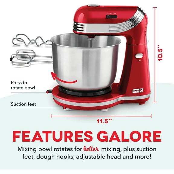 Stand Mixer Red 6 Speed Electric Mixer with 3 Qt Stainless Steel Bowl, Dough Hooks & Beaters for Baking, Frosting, Meringues