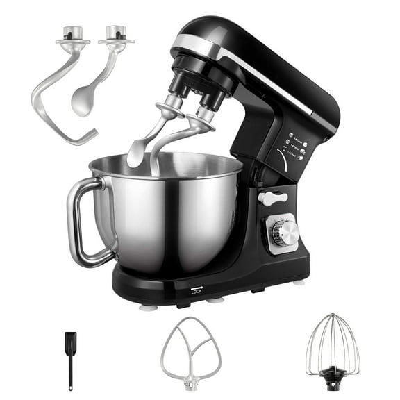 Stand Mixer with Double Hook, 6 Speeds, 5.5Qt Stainless Steel Bowl, Beater and Whisk Black