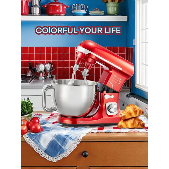 FOHERE Electric Stand Mixer with Double Hook, 6+P Speeds, 3-IN-1 Kitchen Stand Mixer, 5.5Qt Stainless Steel Bowl, Beater and Whisk Red