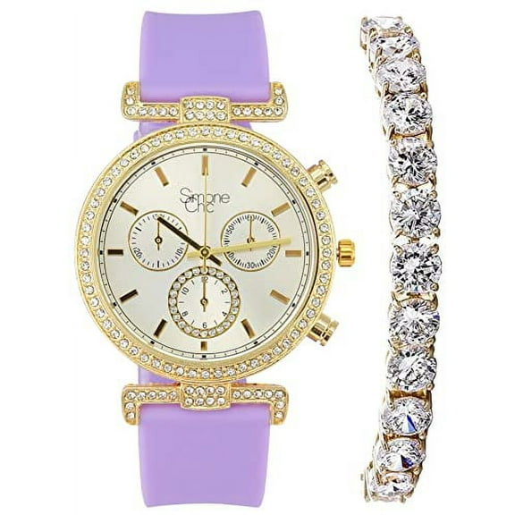 Stand Out Get Noticed! Big Face Ladies Bejeweled Rubber Iced Out Colorful Watch with Genuine Rhinestone Diamond Accents - Touch of Female Celebrity Glamour - ST10385T Purple Tennis