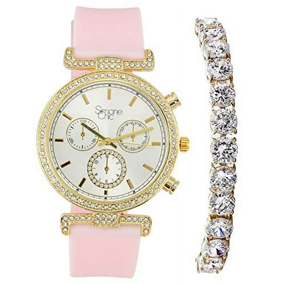 Stand Out Get Noticed! Big Face Ladies Bejeweled Rubber Iced Out Colorful Watch with Genuine Rhinestone Diamond Accents - Touch of Female Celebrity Glamour - ST10385T Pink Tennis
