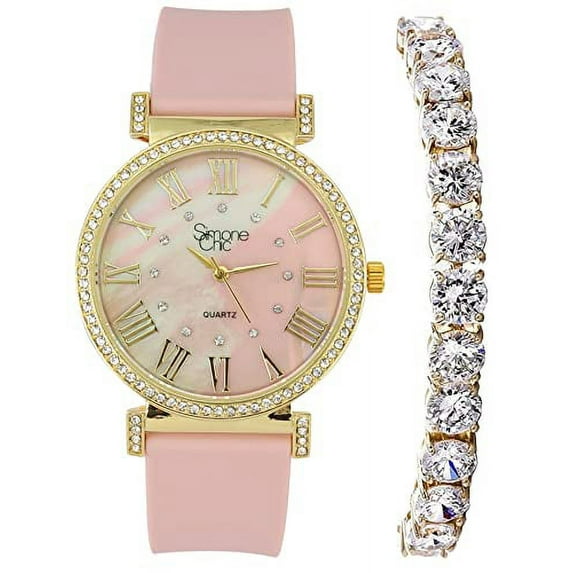 Stand Out Get Noticed! Big Face Ladies Bejeweled Rubber Iced Out Colorful Watch with Genuine Rhinestone Diamond Accents - Touch of Female Celebrity Glamour - ST10800T Blush Tennis