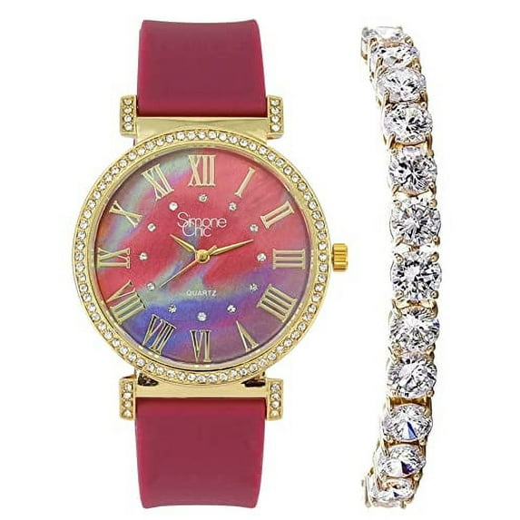 Stand Out Get Noticed! Big Face Ladies Bejeweled Rubber Iced Out Colorful Watch with Genuine Rhinestone Diamond Accents - Touch of Female Celebrity Glamour - ST10800T Wine Tennis