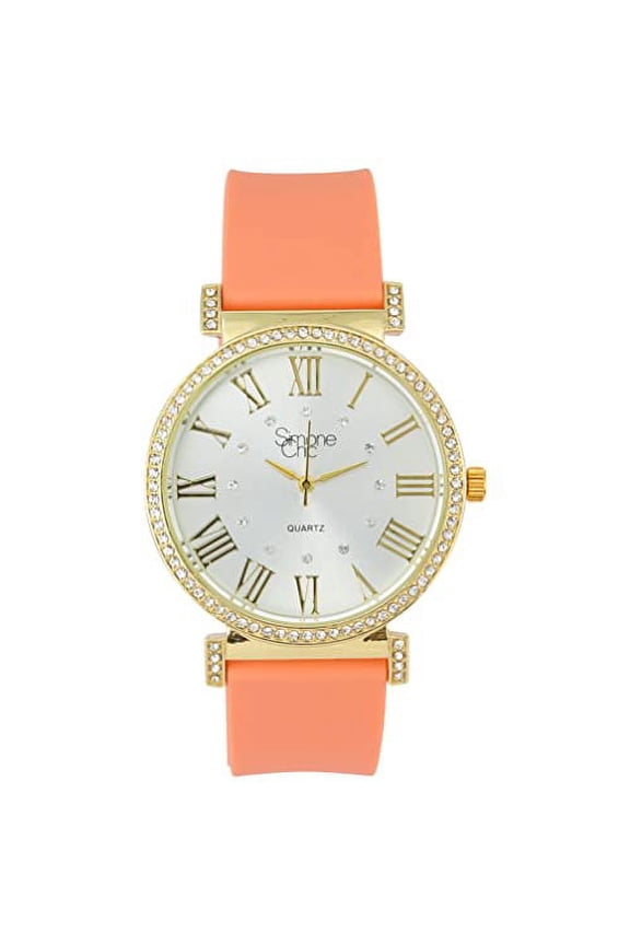 Stand Out Get Noticed! Big Face Ladies Bejeweled Rubber Iced Out Colorful Watch with Genuine Rhinestone Diamond Accents - Touch of Female Celebrity Glamour - ST10800 Coral