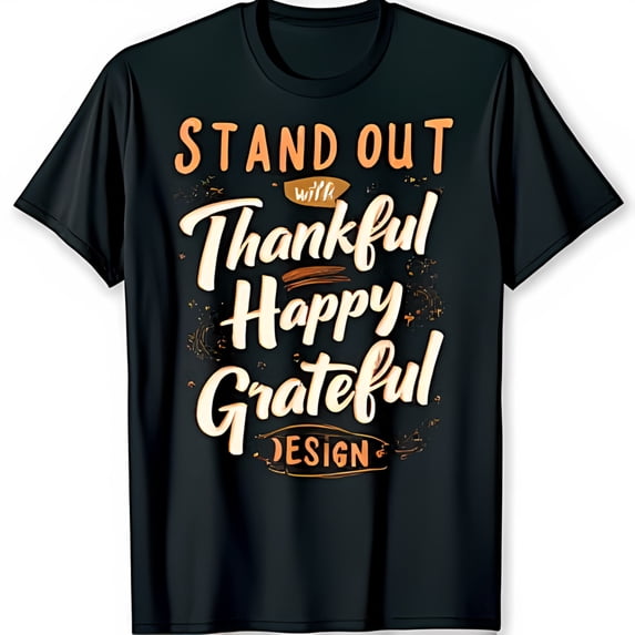 Stand Out in Style: Black T-Shirt with Handwritten Thankful Happy Grateful Graphic