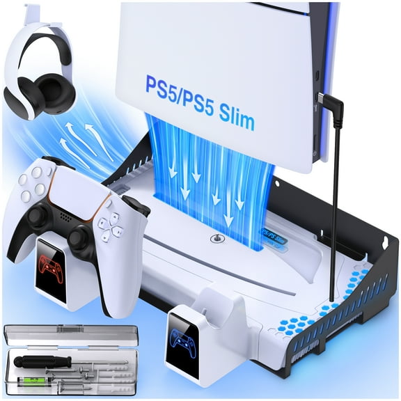 Stand for PS5 with Wall Mount, Vertical Stand with Turbo Cooler Fan/ Light, Cooling Stand for PS5 Slim Disc & Digital Edition/Playstation 5 Console, PS5 Controller Charger/Headset Holder