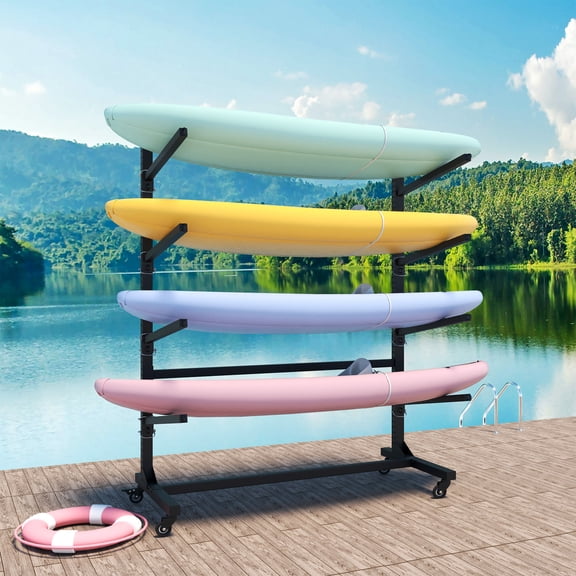 Stand Up Paddle Board 80''H Freestanding Kayak Storage Rack – Holds 4 Kayaks, Heavy-Duty Adjustable Stand with Lockable Wheels for Kayak, Canoe, SUP & Surfboard, 45.87"W*28.94"D*80"H,Kayak