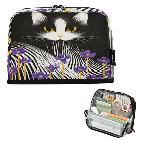 Stand Pencil Pouch High Capacity Pencil Case Organizer Pouch Durable Pencil Box for Office, The Lower Half Of A Black-and-white Cat's Body Displays An Undulating Interlocking Pattern Of Black Printed