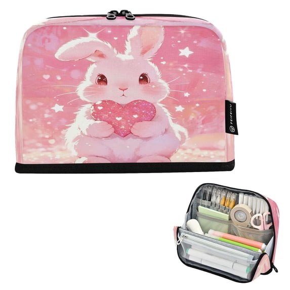 Stand Pencil Pouch High Capacity Pencil Case Organizer Pouch Durable Pencil Box for Office, Pinkheartrabbit Printed