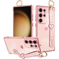 thumbnail image 1 of Stand Phone Case for Samsung Galaxy S23 Ultra, Cute Heart Pattern for Women Girls Wrist Strap Band Kickstand Holder Soft Plating Bumper Anti-Scratch Protective Cover - Pink, 1 of 12