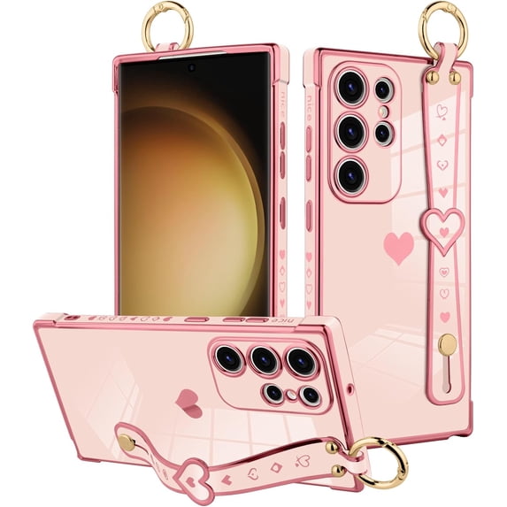 Stand Phone Case for Samsung Galaxy S23 Ultra, Cute Heart Pattern for Women Girls Wrist Strap Band Kickstand Holder Soft Plating Bumper Anti-Scratch Protective Cover - Pink