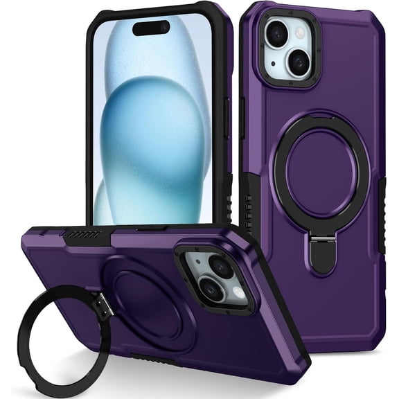 Stand Phone Case for iPhone 15 Hard PC+Soft TPU+Fulcrum Bracket Phone Case Shockproof Anti-Drop Protective Phone Cover 15 Military Cases Bult-in Hidden Bracket Dark Purple