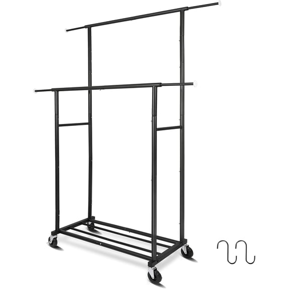 Portable Black Double Rod Garment Rack with Lockable Wheels, 48 W x 15 D x 67 H, Extensible Top Rod, Bottom Shelf and Hooks