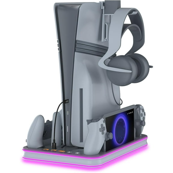 Stand with RGB Lights for PS5 Pro Charging Station for PS Portal, Edge Controllers, for PS5 Cooling Station Compatible with PS5/Slim/Pro, Disc & Digital Editions - Gray