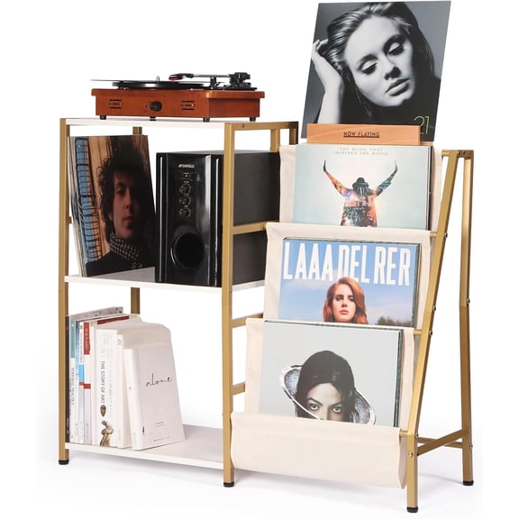 Stand for Record Player, 3 Tier Vinyl Record Storage with Now Playing Holder, Turntable Stand, Vinyl Display with Speaker Storage for Living Room, Gold White