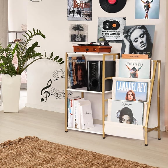 Stand for Record Player, 3 Tier Vinyl Record Storage with Now Playing Holder, Turntable Stand, Vinyl Display with Speaker Storage for Living Room, Gold White