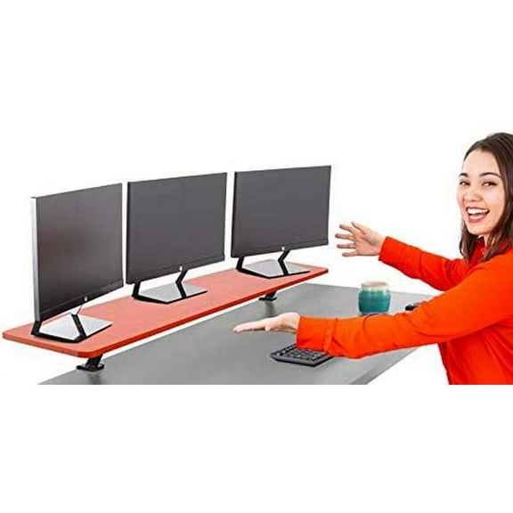 Stand Steady 55 Inch Clamp On Desk Shelf | Large Monitor Riser Supports 3 Screens for Extra Storage | Ergonomic Monitor Stand Securely Attaches to Surface with Clamp Base - No Screws (55 in/Cherry)