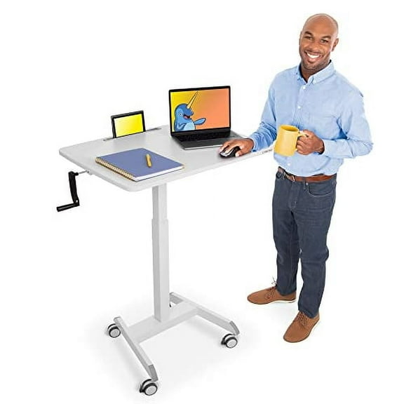 Stand SteadyCruizer Extra Large Mobile Podium |31in Portable Standing Desk | Crank Height Adjustable Computer Cart with Locking Wheels |Rolling Laptop Stand (White / 31in x 23in)