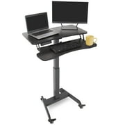 Stand Steady Electric Mobile Podium with Keyboard Tray | Height Adjustable Stand Up Workstation with Locking Wheels | Go from Sitting to Standing with Programmable Control Pad Black