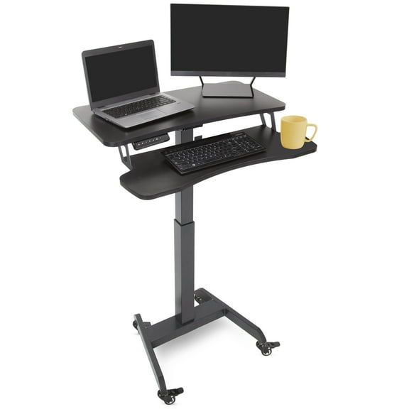 Stand Steady Electric Mobile Podium with Keyboard Tray | Height Adjustable Stand Up Workstation with Locking Wheels | Go from Sitting to Standing with Programmable Control Pad (Black)