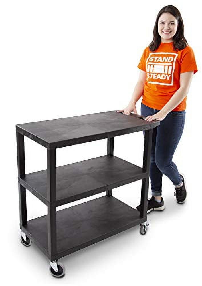 Heavy-Duty Black Plastic Utility Cart with Three Flat Shelves