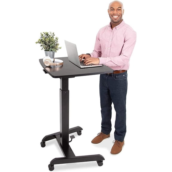 Stand Steady Multifunctional Mobile Podium Desk | Portable Sit to Stand Lectern with Pneumatic Height Adjustment & Tilting Desktop | Rolling Laptop Stand | Mobile Desk for School, Home, Office (Black
