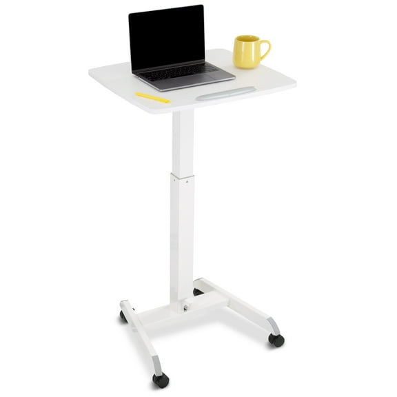 Stand Steady Multifunctional Tilting Mobile Podium | Portable Sit Stand Lectern with Pneumatic Height Adjustments | Rolling Laptop Stand with Adjustable Tilt for School & Office (White)