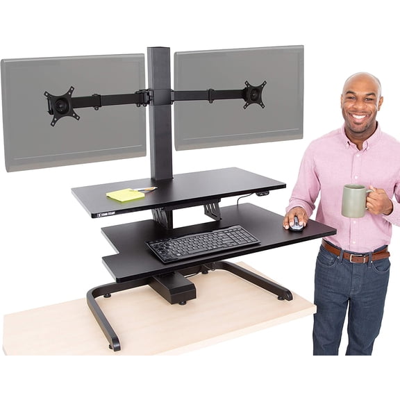 Stand Steady Techtonic | Electric 2 Arm Monitor Mount Standing Desk | Stand Up Desk Converter with Keyboard Tray Supports 2 Screens | Easy & Quiet Sit to Stand with The Push of a Button! (Black)