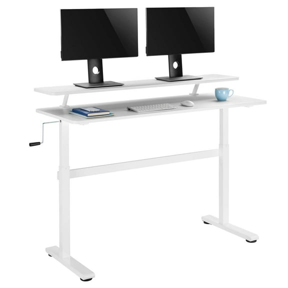 Stand Steady Tranzendesk 55 Inch Standing Desk with Clamp-On Shelf | Crank Height Adjustable Stand Up Workstation with Attachable Monitor Riser | Extra Large Sit Stand Desk Hold 3 Monitors (White)