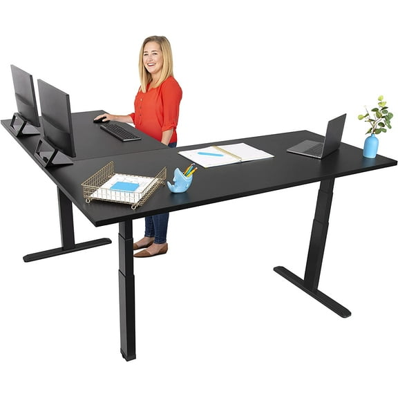 Stand SteadyTranzendeskPower | Extra Large 71" Electric L-Shaped Standing Desk | Giant Corner Stand Up Desk & Sit Stand Workstation | Ergonomic Computer Desk Fits 4 Monitors (Black / 71")