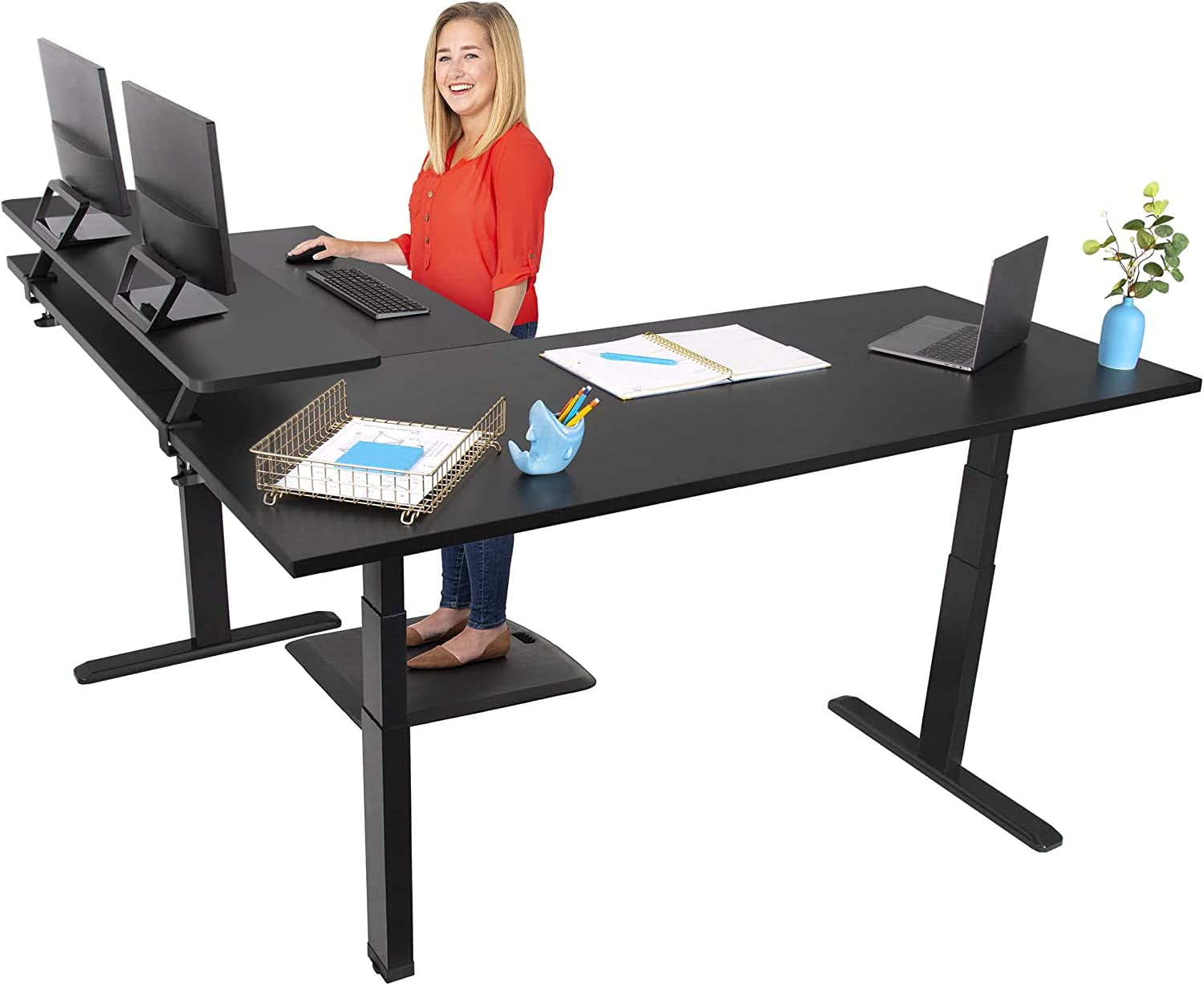 Stand Steady Tranzendesk Power | Extra Large 71 Inch Electric L-Shaped Standing Desk | Giant Corner Stand Up Desk & Sit Stand Workstation| Ergonomic Computer Desk Fits 4 Monitors (Black / 71")