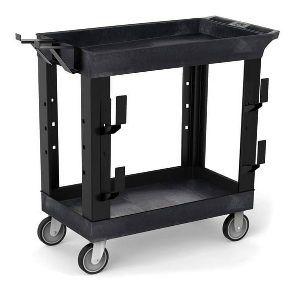 Stand Steady Tubstr 2 Shelf Utility Cart | Heavy Duty Service Cart Holds 400 lbs | Adjustable Storage Hooks, Ladder & Spool Holders | Tub Cart for Warehouse, Garage, & School (32" x 18" / Black)